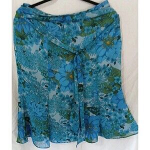 Norton McNaughton Skirt Size 8 Midi Lined Blue Floral Trumpet - Flowy- Front Tie